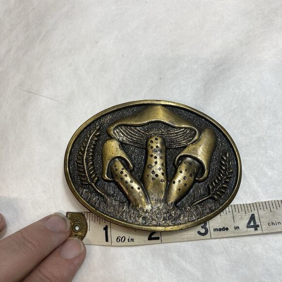 Vtg 1970s Belt Buckle 3d MUSHROOMS Boho Hippie BRASS Western Cowboy Psychedelic - Picture 5 of 6